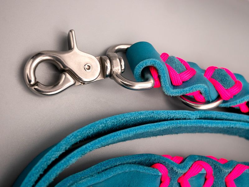 Führleine aus edlem, hellblauem Fettleder, Lederleine, geflochtenem Leder und mit Original US-Paracord Typ 3 veredelt