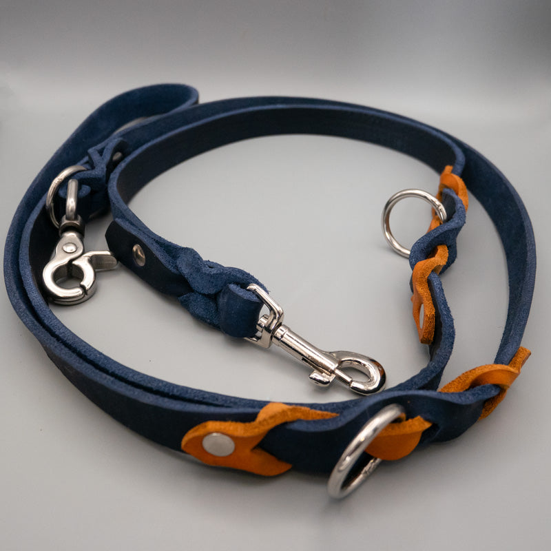 Führleine aus edlem, royalblauem Fettleder, Lederleine, geflochten, 3fach verstellbar