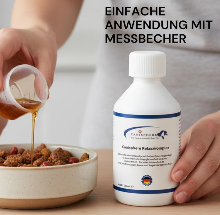 RelaxxKomplex von Canisphere – Ergänzungsfuttermittel für Hunde unterstützt die Ausgeglichenheit und Gelassenheit und Stressreduktion in belastenden Situationen ohne Müdigkeit oder Lethargie zu verursachen. Flüssig
