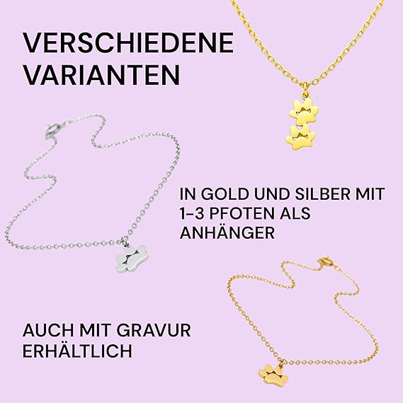 Elegante Halskette in "Gold" oder "Silber" mit zwei zierlichen Pfoten, nickelfrei - individuelle Gravur möglich