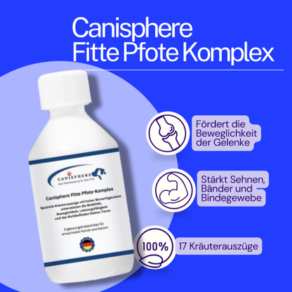 Fitte-Pfote-Komplex von Canisphere – Ergänzungsfuttermittel zur Unterstützung von Gelenken, Beweglichkeit und aktiven Hundepfoten in einer weißen Flasche mit blauer Beschriftung