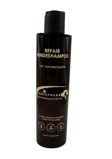 Canisphere Repair Hundeshampoo mit SOS-Funktion in einer edlen, braunen Flasche mit goldfarbener Aufschrift