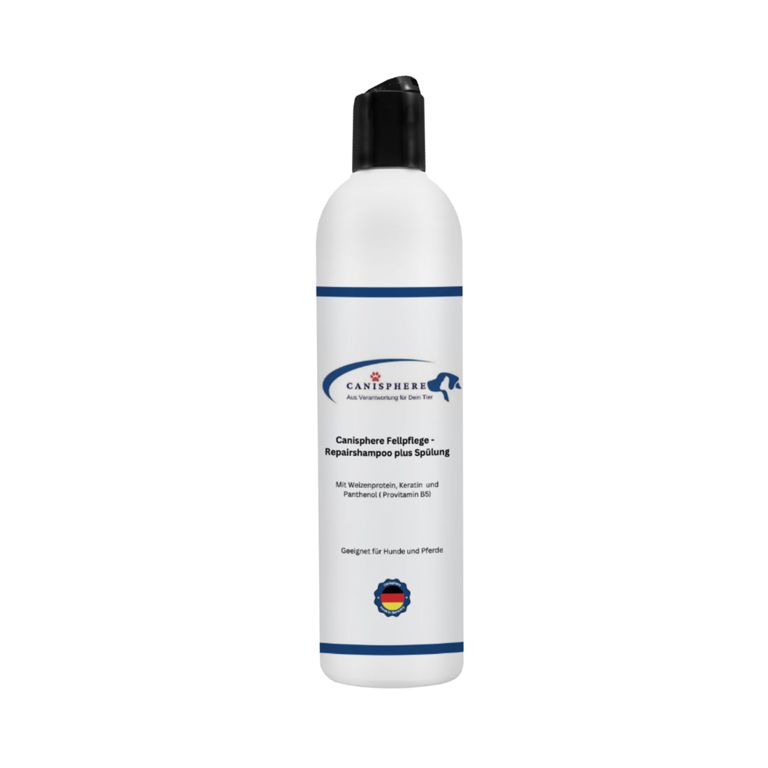 Canisphere Repairshampoo plus Spülung in einer weißen Plastikflasche mit Weizenprotein, Keratin und Panthenol