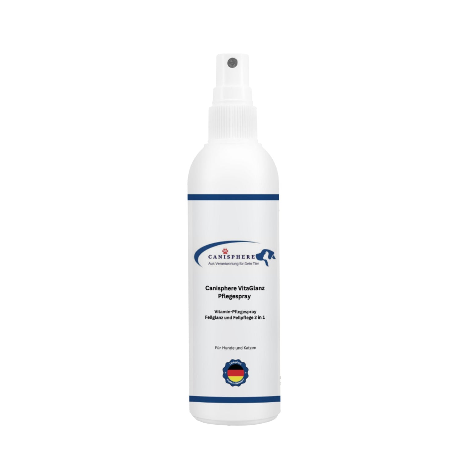Canisphere VitaGlanz Pflegespray  2 in 1 für Hunde und Katzen in einer weißen Zerstäuberflasche