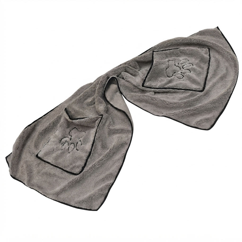 Handtuch, Hundehandtuch, Seitentaschen, Handtasche, grau, Mikrofaser, aufsaugstark, strapazierfähig