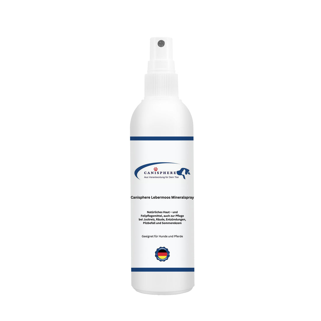 Canisphere Lebermoos Mineralspray gegen Juckreiz, Sommerekzem, Räude bei Hunden und Pferden in einer weißen Flasche mit Pumpmechanismus, vegan, made in Germany