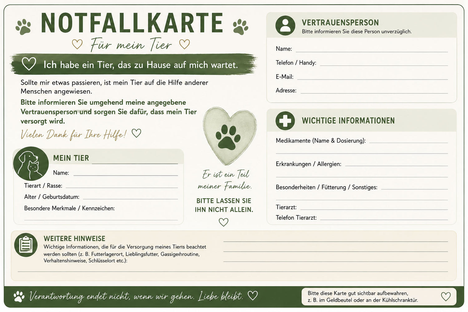 Tierfürsorgeverfügung PDF - Notfallmappe für Tierbesitzer - Heimtierausweis- Sofort-Download inkl. Notfallcheckkarte