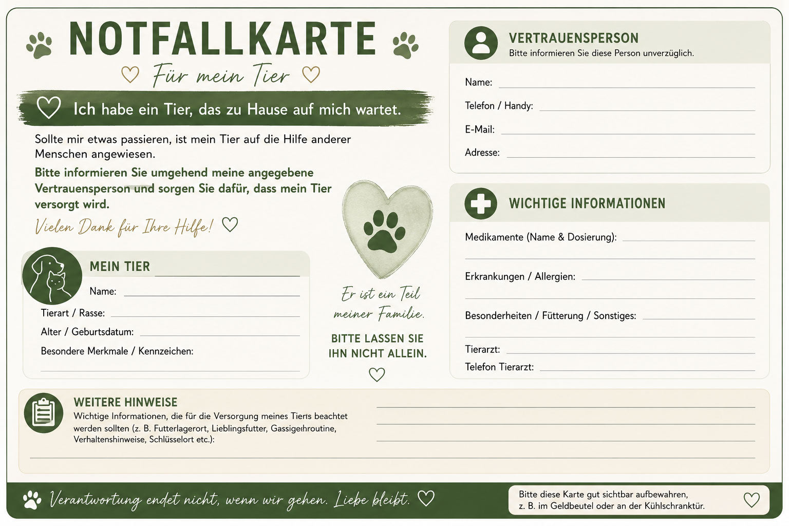 Tierfürsorgeverfügung PDF - Notfallmappe für Tierbesitzer - Heimtierausweis- Sofort-Download inkl. Notfallcheckkarte