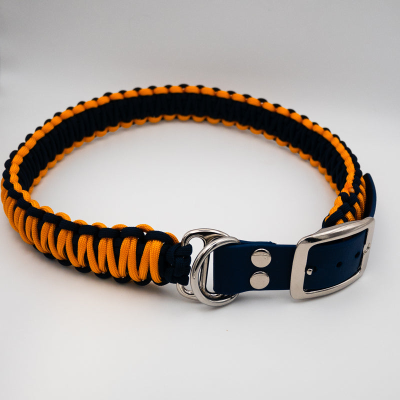 Exquisites Hundehalsband für große Hunde, sonnengelb mit royalem Blau, mehrfach verstellbar, handmade