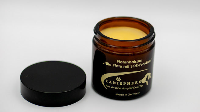 Brauner Glastiegel von Canisphere; Pfotenbalsam mit SOS Funktion