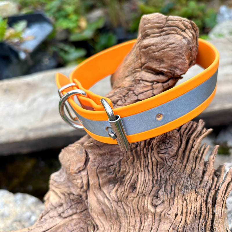 Reflektierendes Hundehalsband in leuchtendem Orange aus wetterfestem, antimikrobiellem BioThane®