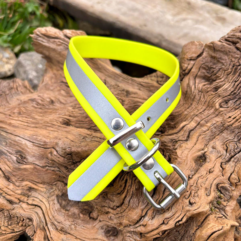 Reflektierendes Hundehalsband in leuchtendem Gelb aus wetterfestem, antimikrobiellem BioThane®