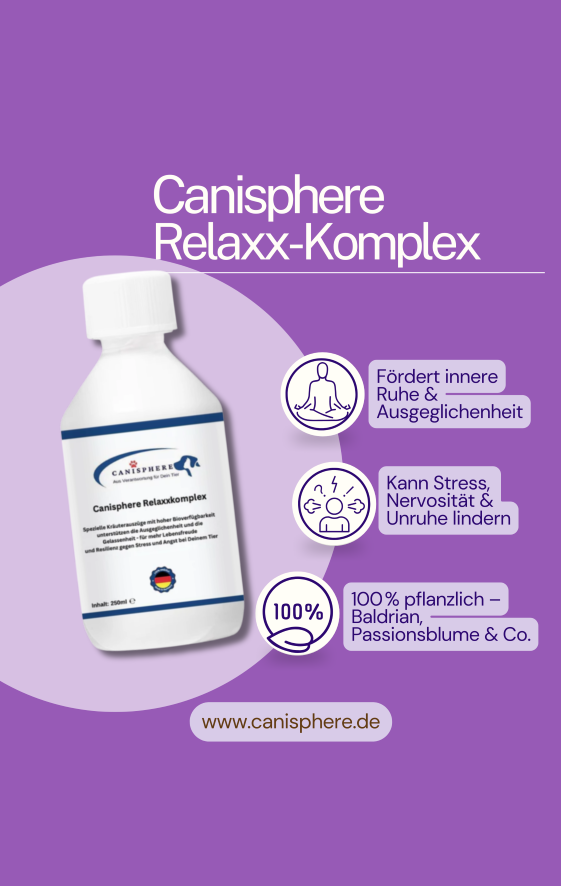 RelaxxKomplex von Canisphere – Ergänzungsfuttermittel für Hunde unterstützt die Ausgeglichenheit und Gelassenheit und Stressreduktion in belastenden Situationen ohne Müdigkeit oder Lethargie zu verursachen. 