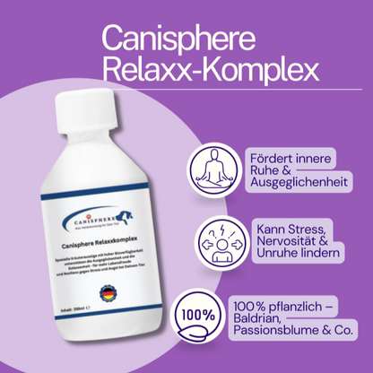 RelaxxKomplex von Canisphere – Ergänzungsfuttermittel für Hunde unterstützt die Ausgeglichenheit und Gelassenheit und Stressreduktion in belastenden Situationen ohne Müdigkeit oder Lethargie zu verursachen. 