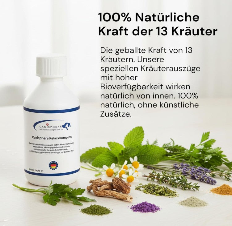 RelaxxKomplex von Canisphere – Ergänzungsfuttermittel für Hunde unterstützt die Ausgeglichenheit und Gelassenheit und Stressreduktion in belastenden Situationen ohne Müdigkeit oder Lethargie zu verursachen. 