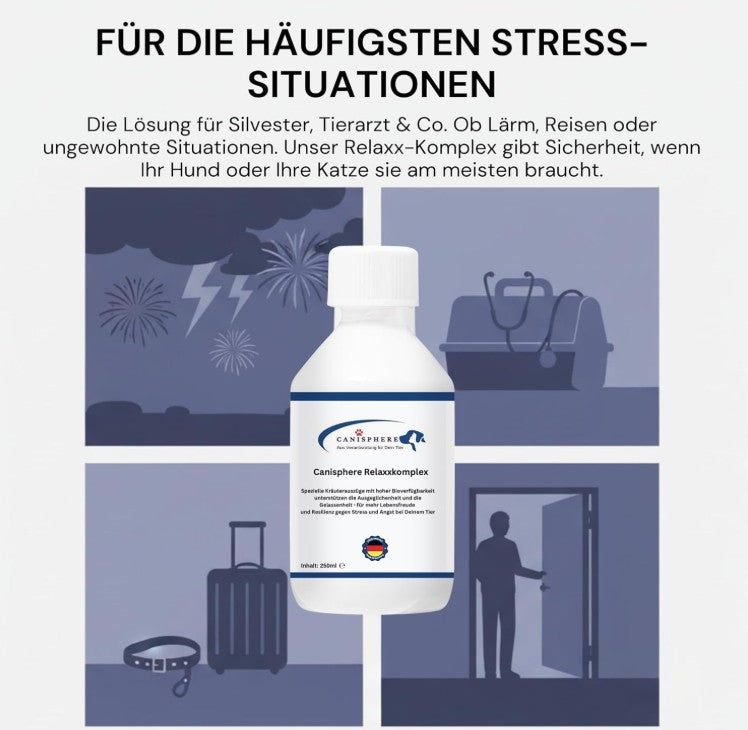 RelaxxKomplex von Canisphere – Ergänzungsfuttermittel für Hunde unterstützt die Ausgeglichenheit und Gelassenheit und Stressreduktion in belastenden Situationen ohne Müdigkeit oder Lethargie zu verursachen. 