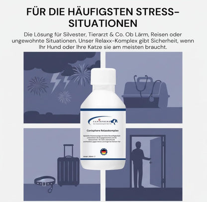 RelaxxKomplex von Canisphere – Ergänzungsfuttermittel für Hunde unterstützt die Ausgeglichenheit und Gelassenheit und Stressreduktion in belastenden Situationen ohne Müdigkeit oder Lethargie zu verursachen. 