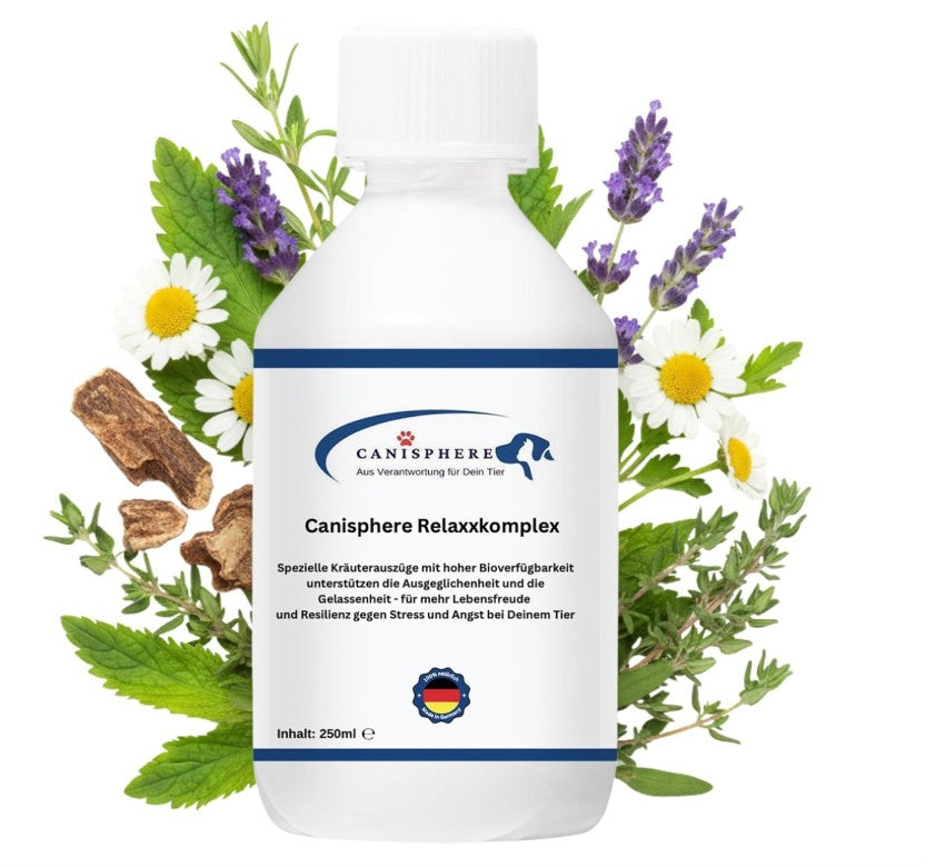 RelaxxKomplex von Canisphere – Ergänzungsfuttermittel für Hunde unterstützt die Ausgeglichenheit und Gelassenheit und Stressreduktion in belastenden Situationen ohne Müdigkeit oder Lethargie zu verursachen. Made in Germany