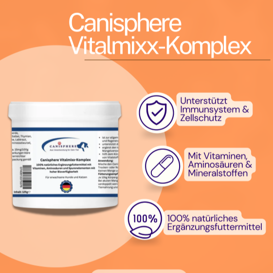Weiße Dose des Vitalmixx-Komplex von Canisphere – Ergänzungsfuttermittel für Hunde zur Unterstützung von Vitalität, Immunsystem und Stoffwechsel