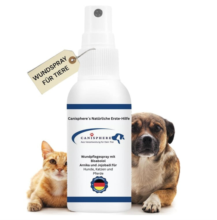 Wundpflege, Spray, Hunde, Katzen, Hundesicherheit, Katzensicherheit, Hundegesundheit, Bisabolol, made in Germany, antibakteriell, Erste-Hilfe, Canisphere