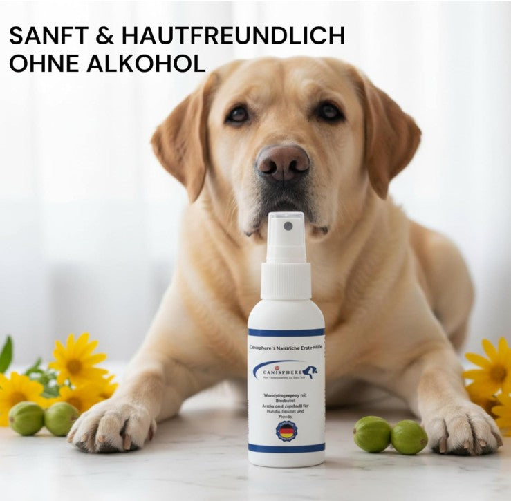 Wundpflege, Spray, Hunde, Katzen, Hundesicherheit, Katzensicherheit, Hundegesundheit, Bisabolol, made in Germany, antibakteriell, Erste-Hilfe